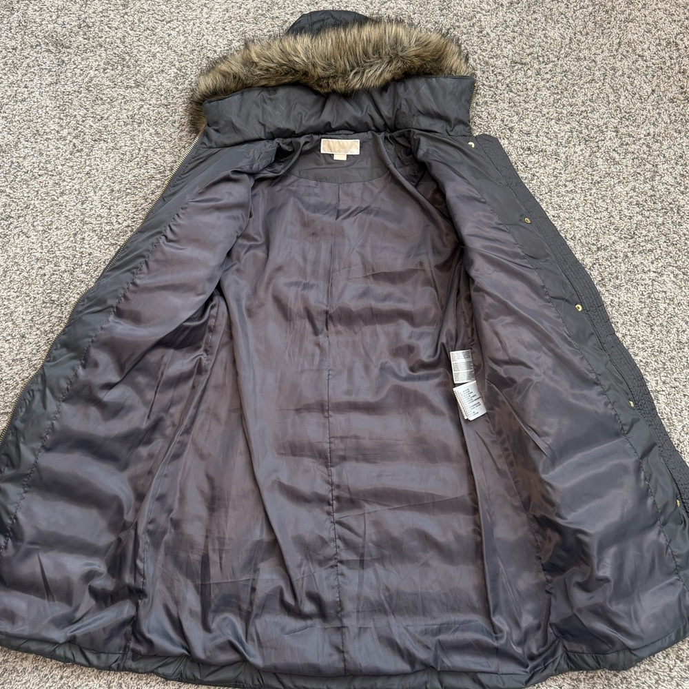 Michael Kors Gray Quilted Coat with Faux Fur Hood - Picture 8 of 10